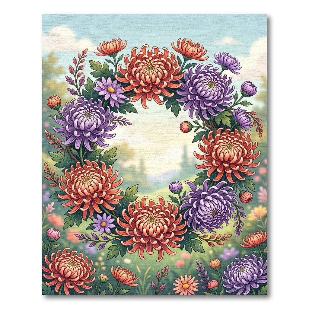 Vibrant Autumn Chrysanthemum Floral Wreath Rug