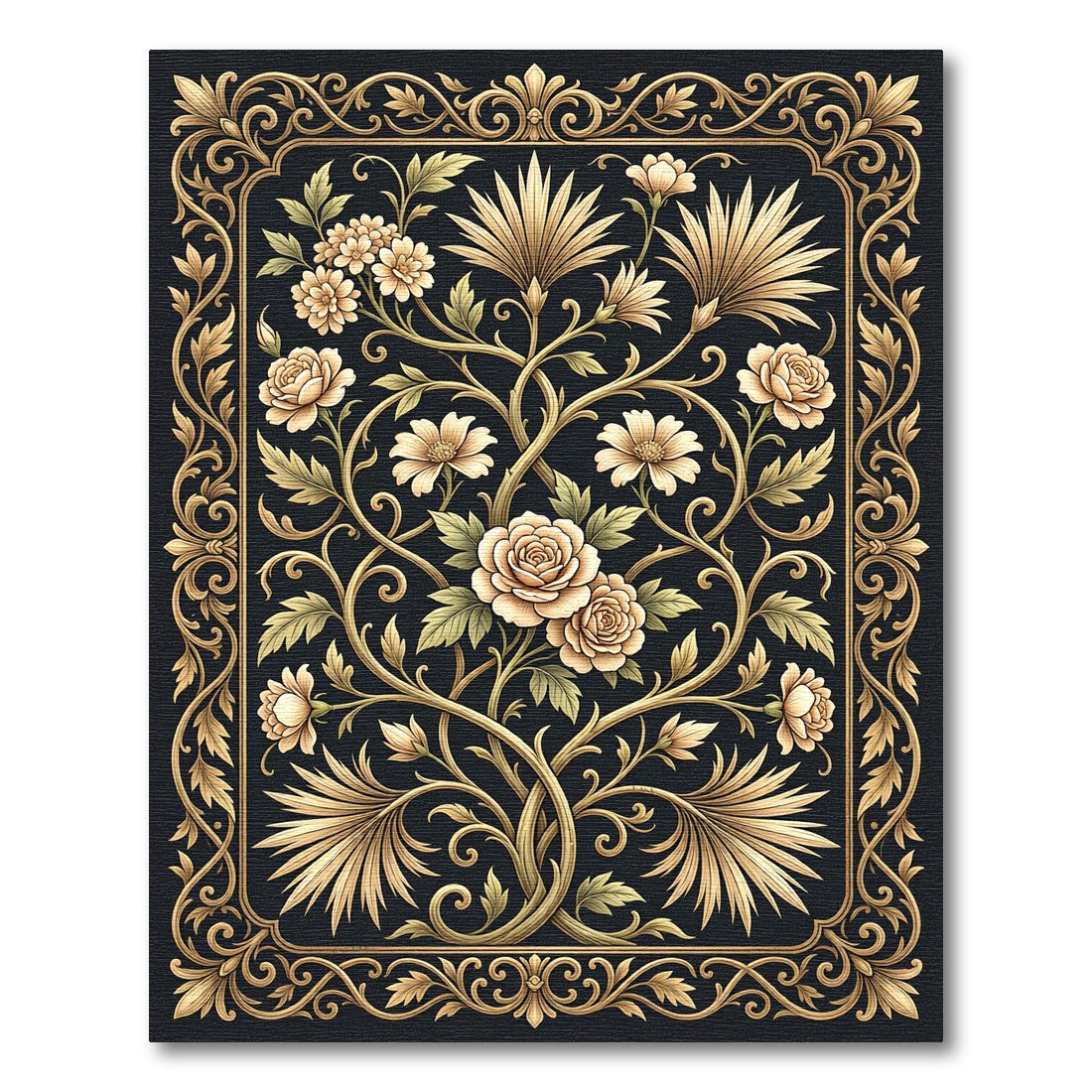 Golden Rose Vine Bordered Botanical Medallion Rug