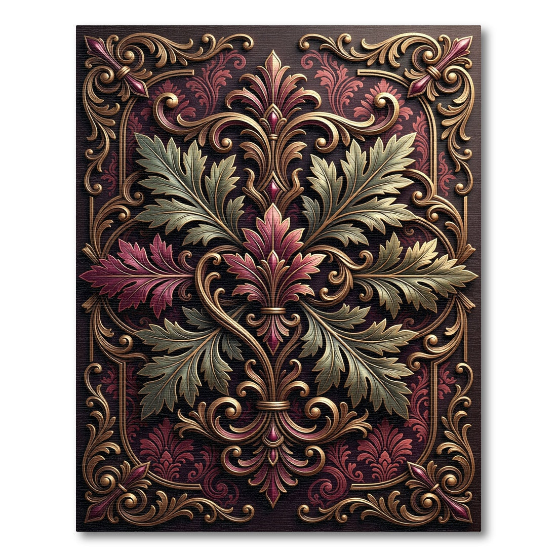 Ornate Gold Burgundy Acanthus Foliage Rug
