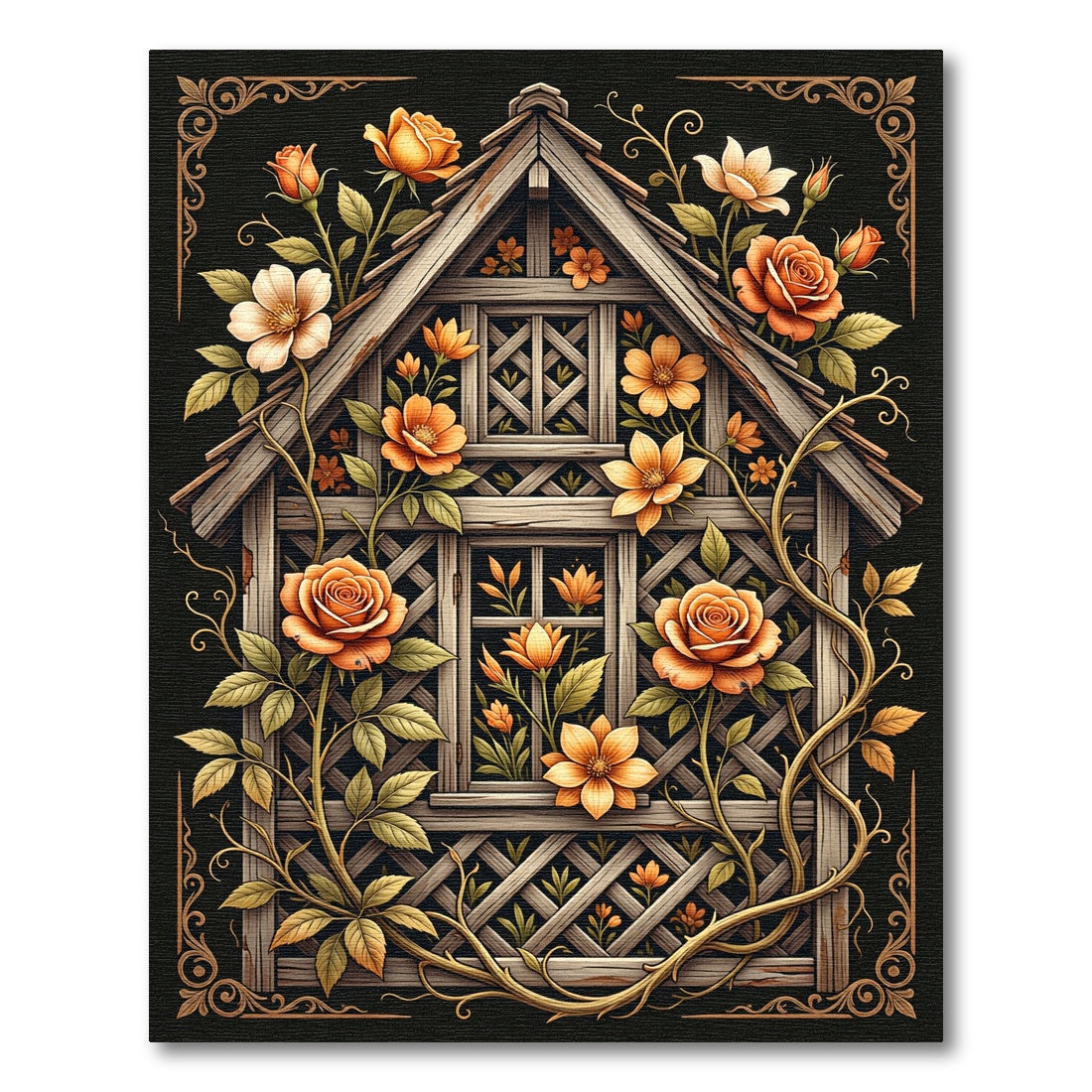 Golden Rose Lattice Cottage Garden Art Rug