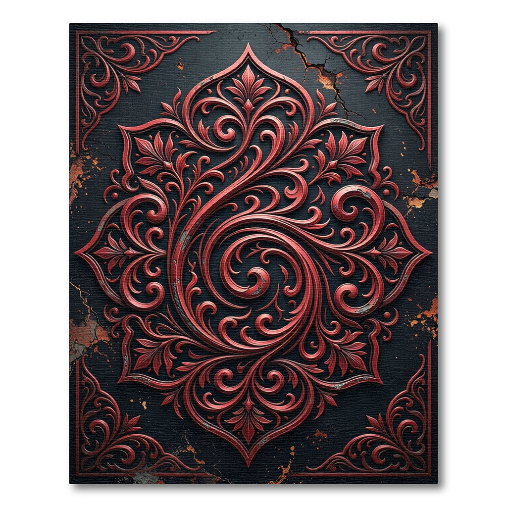 Gothic Crimson Scroll Medallion Art Rug