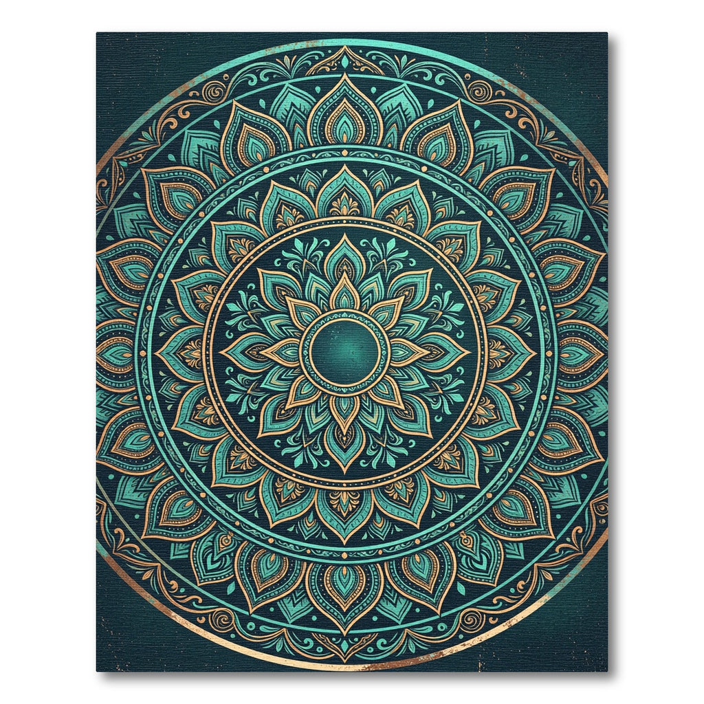 Teal and Gold Radiant Lotus Mandala Rug