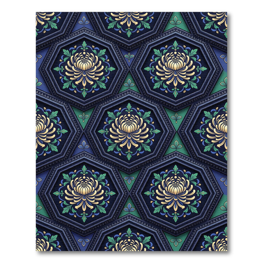 Deep Blue Golden Chrysanthemum Hexagon Rug