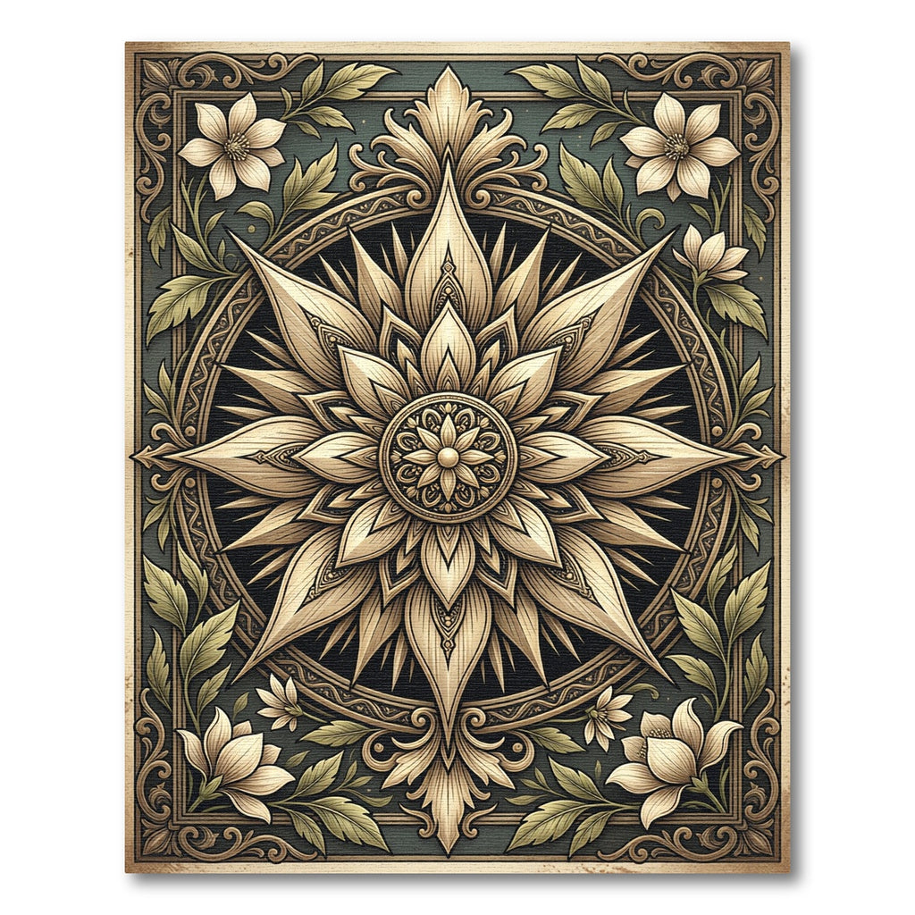 Golden Floral Medallion Leaf Frame Rug