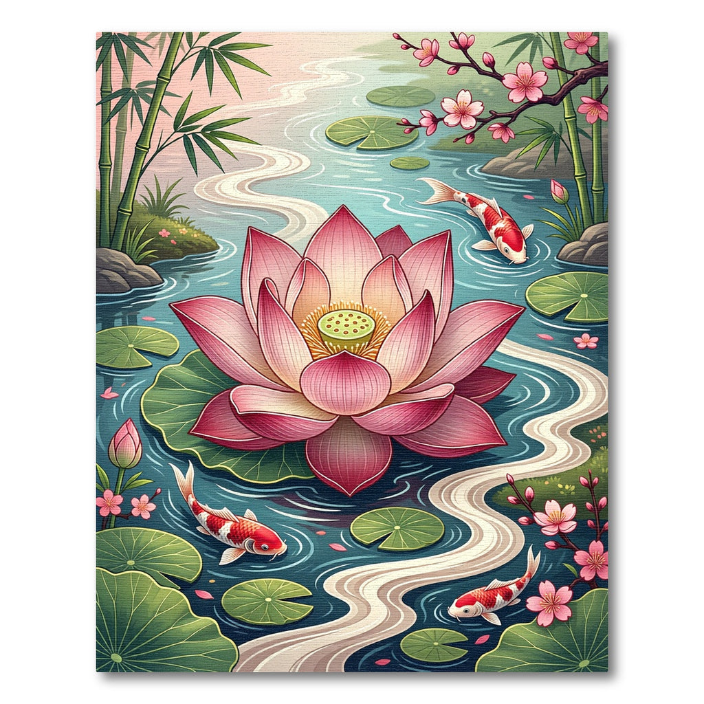 Pink Lotus Koi Pond Serene Scene Rug