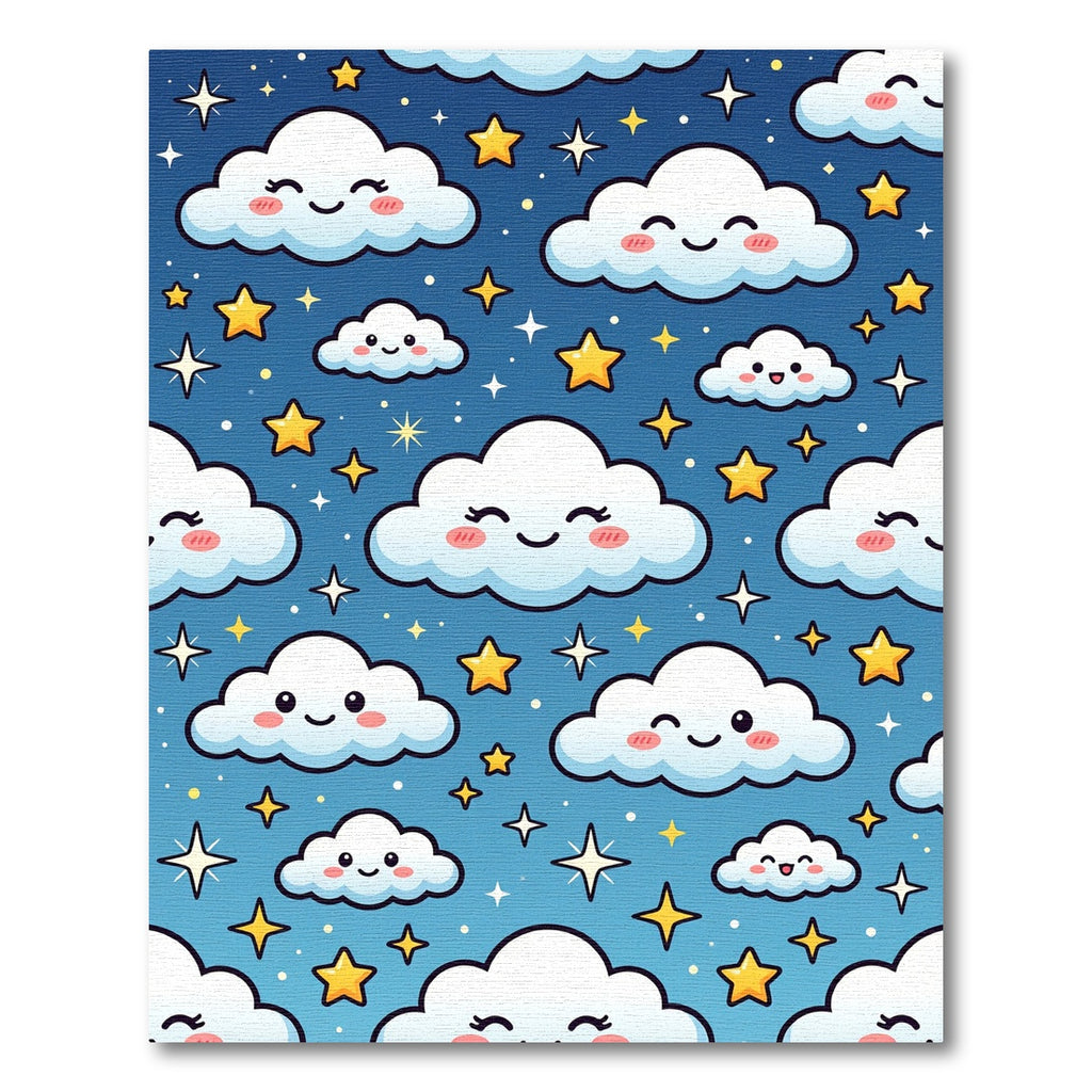 Cute Celestial Clouds and Golden Stars Rug