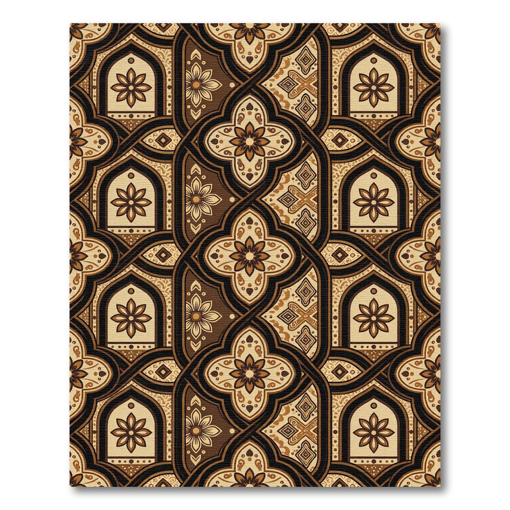 Elegant Brown Floral Arch Interlaced Tile Rug