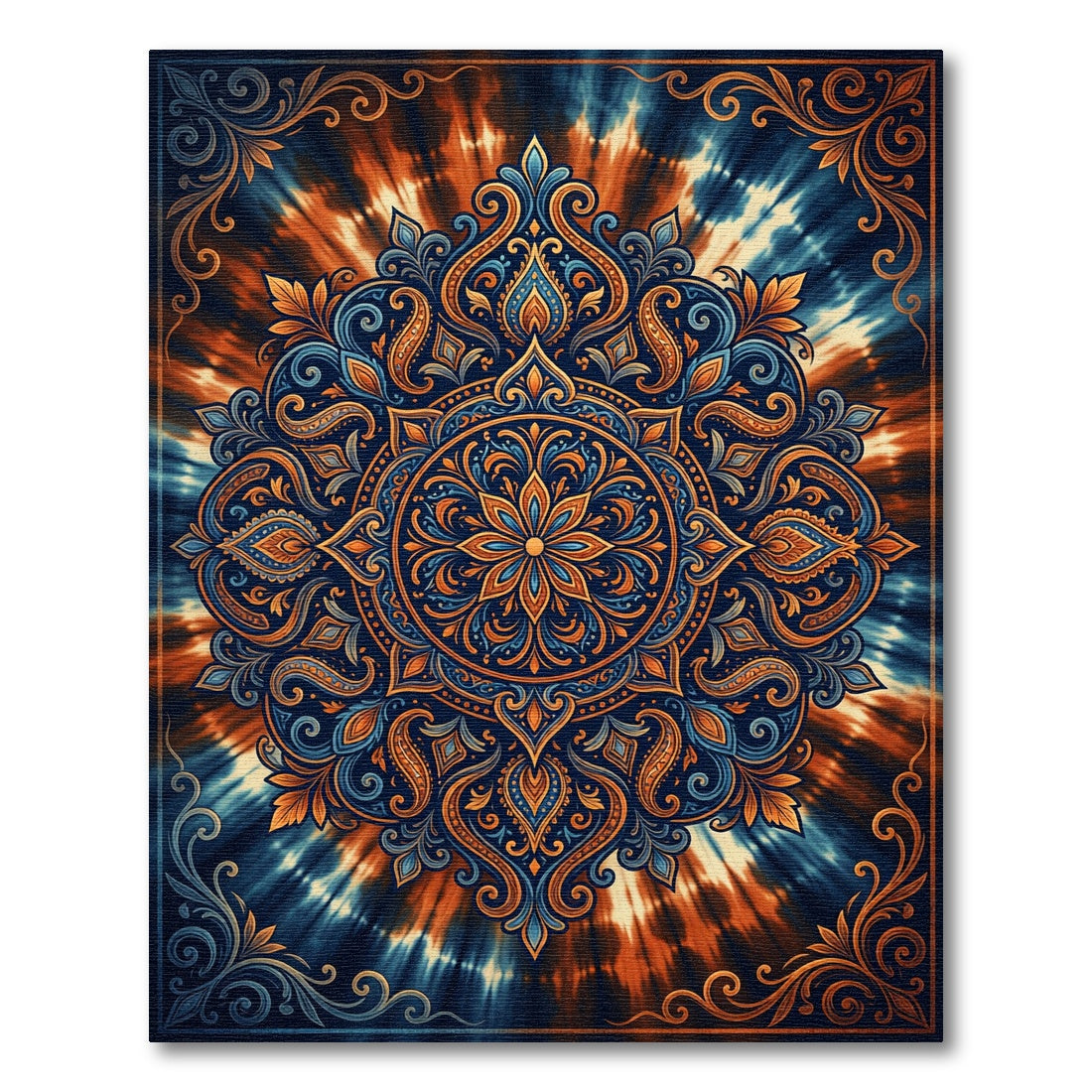 Orange Blue Tie Dye Mandala Floral Rug
