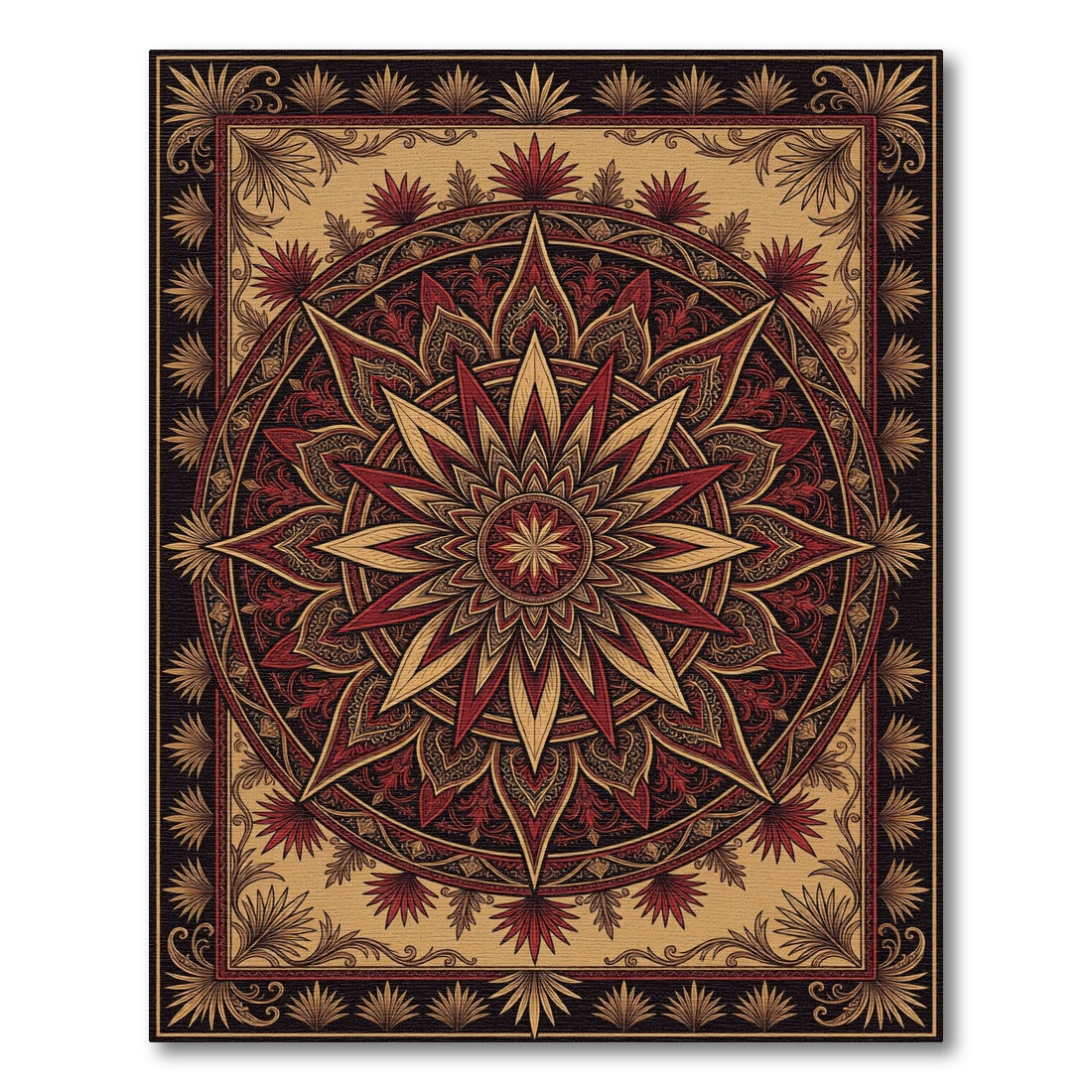Crimson Gold Starburst Mandala Rug