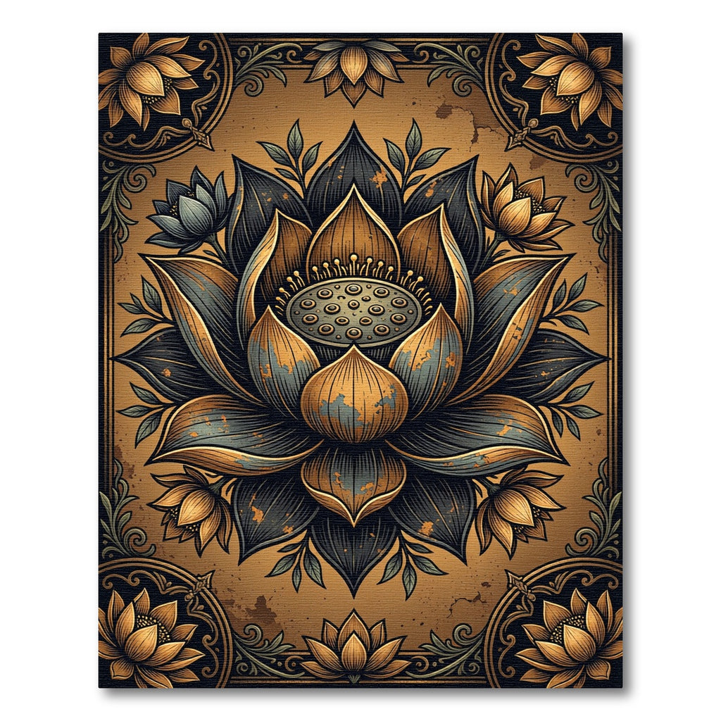 Metallic Gold and Slate Lotus Flower Rug