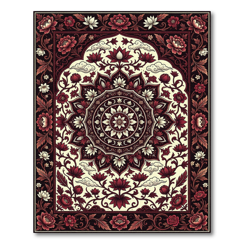 Crimson Floral Medallion Lotus Art Rug