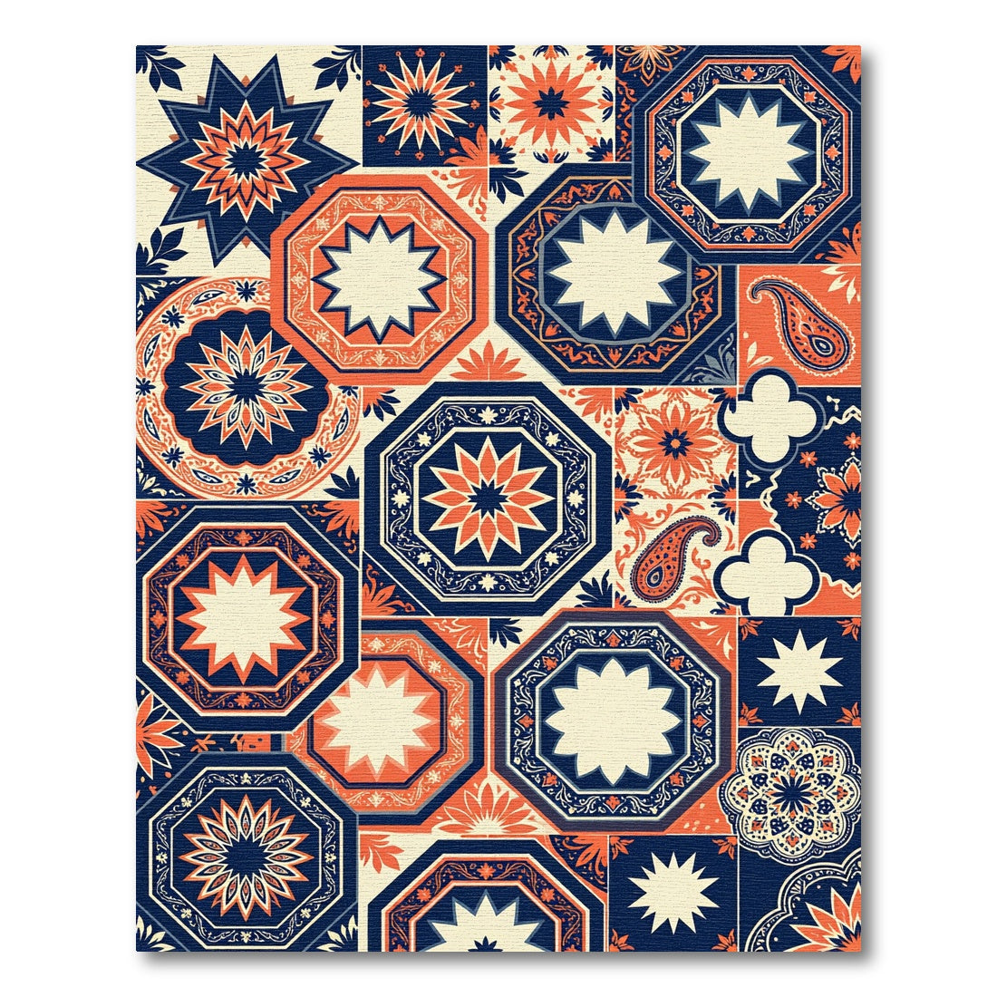 Navy and Tangerine Geometric Octagon Medallion Rug