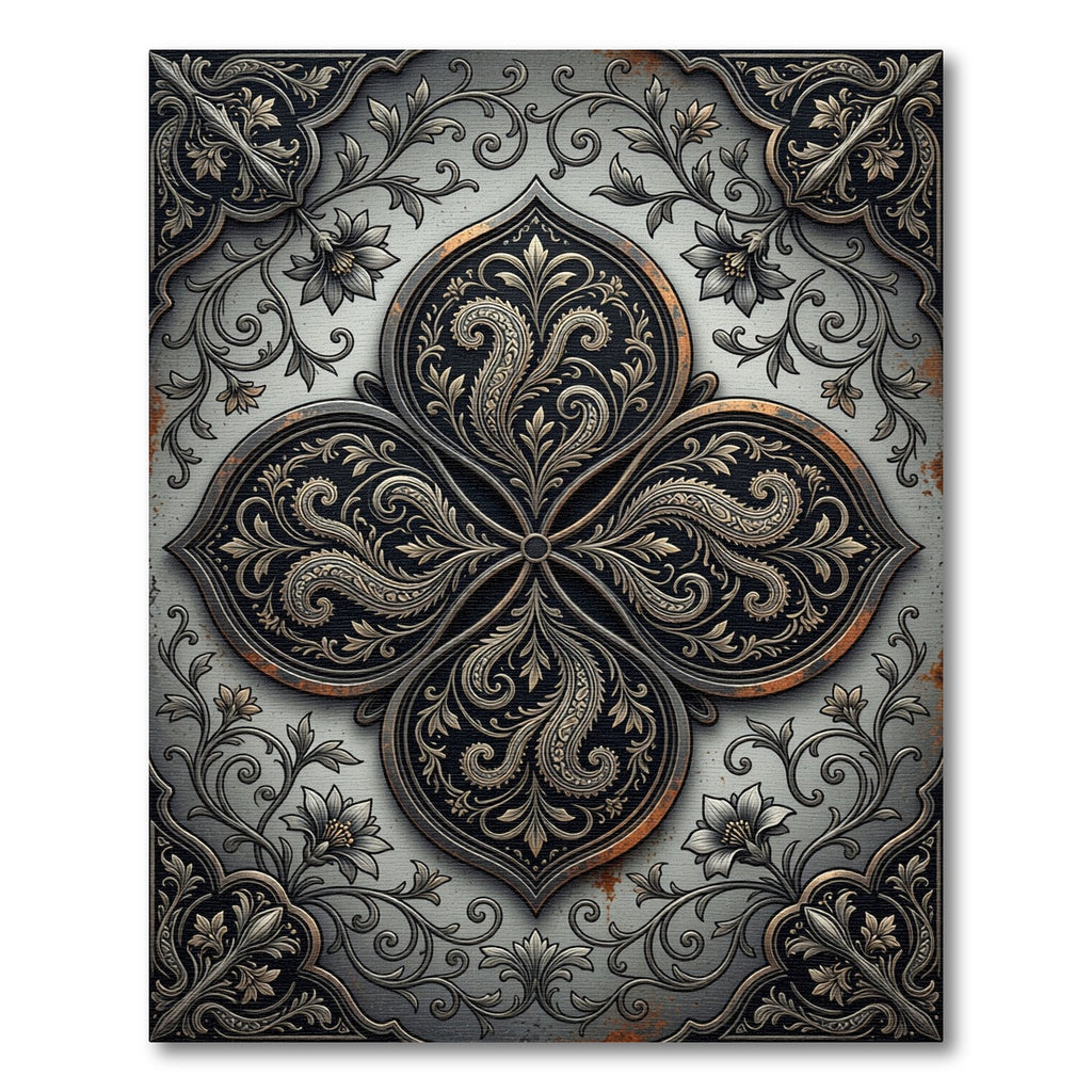 Ornate Charcoal Bronze Filigree Medallion Rug