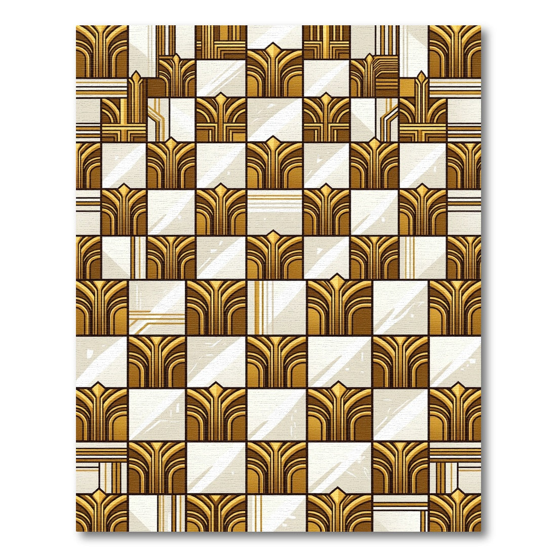 Gold White Art Deco Geometric Squares Rug