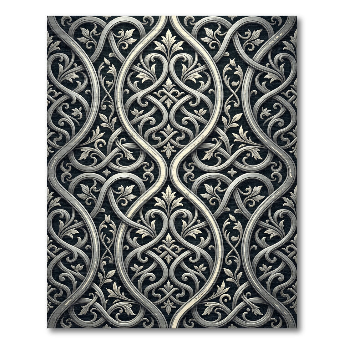 Ornate Silver Interlocking Floral Swirls Rug