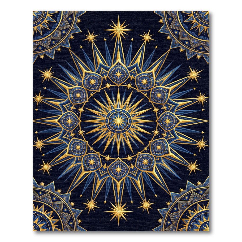 Celestial Gold and Navy Starburst Mandala Rug
