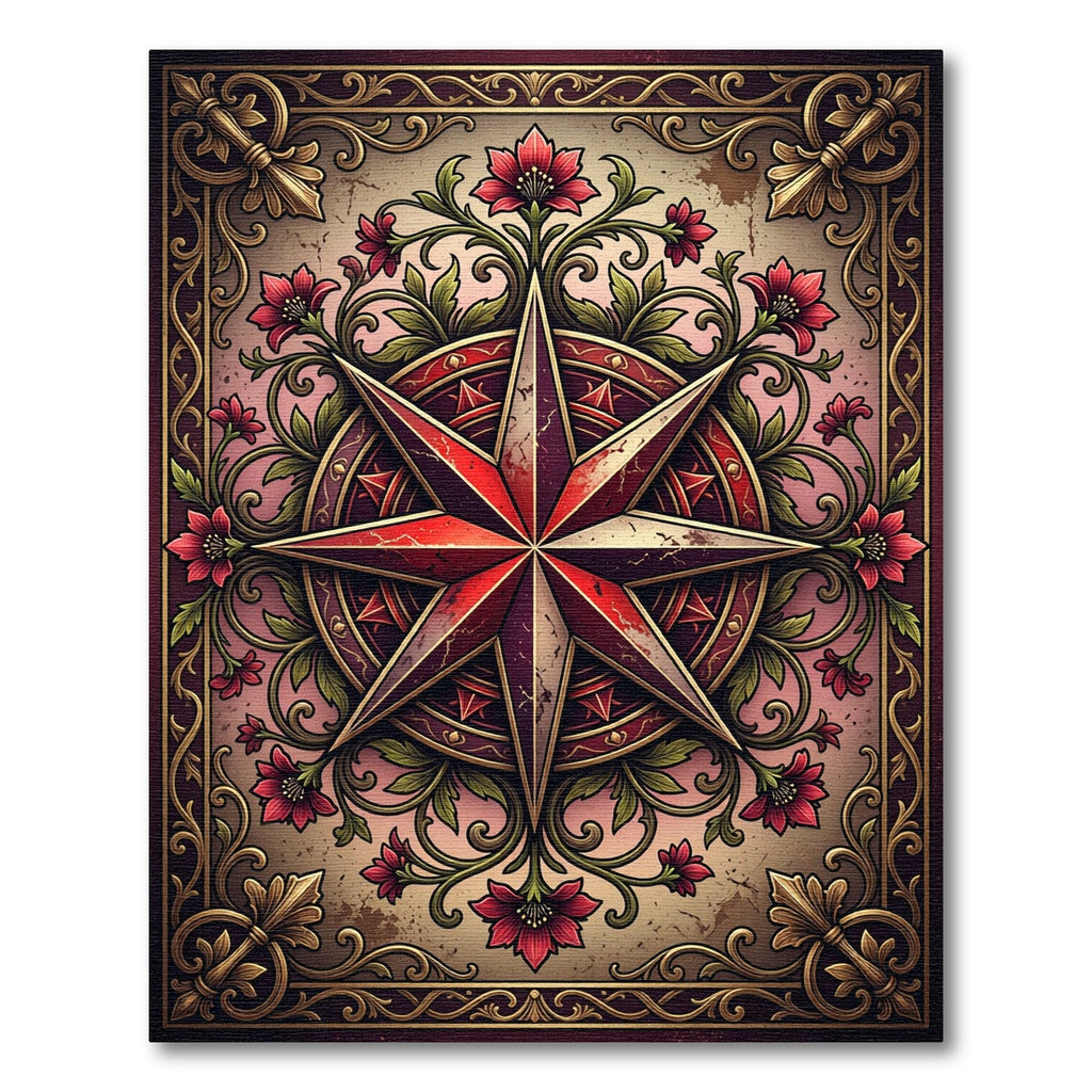 Vintage Crimson Floral Compass Medallion Rug