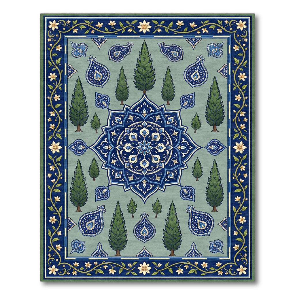 Serene Blue Cypress Tree Garden Medallion Rug