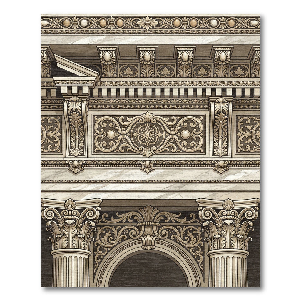 Ornate Frieze Scrolls Marble Columns Rug