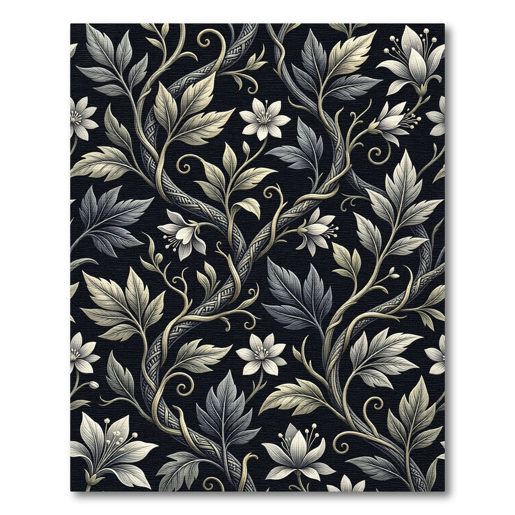 Rich Black Floral Vine Arrangement Rug