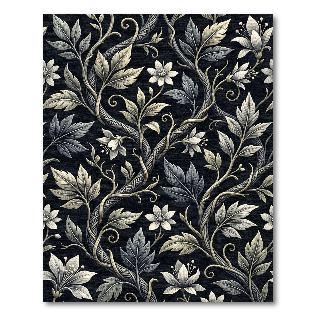 Rich Black Floral Vine Arrangement Rug