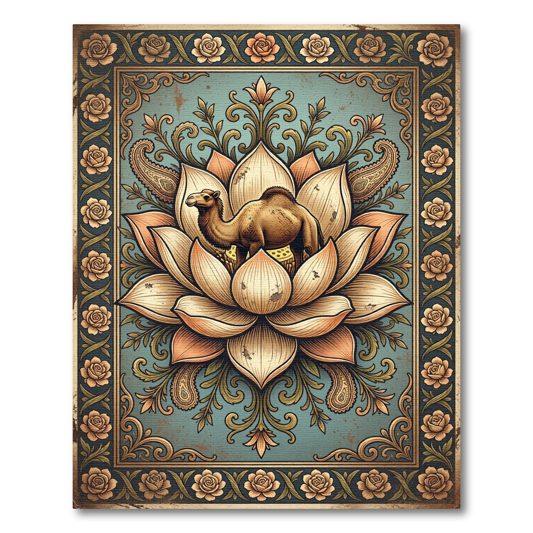 Vintage Camel Lotus Flower Tapestry Rug