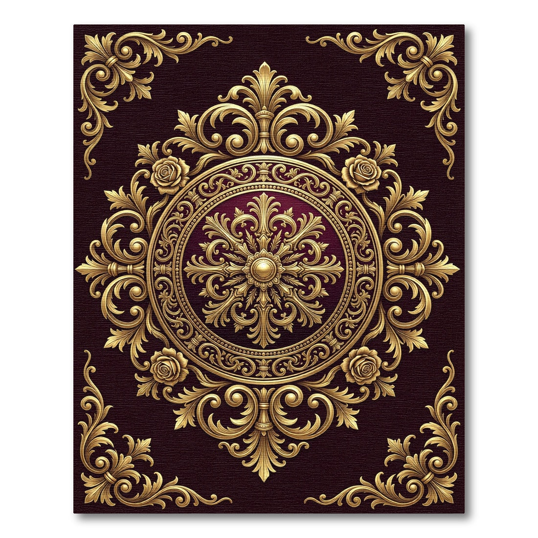 Ornate Gold Floral Medallion Burgundy Rug