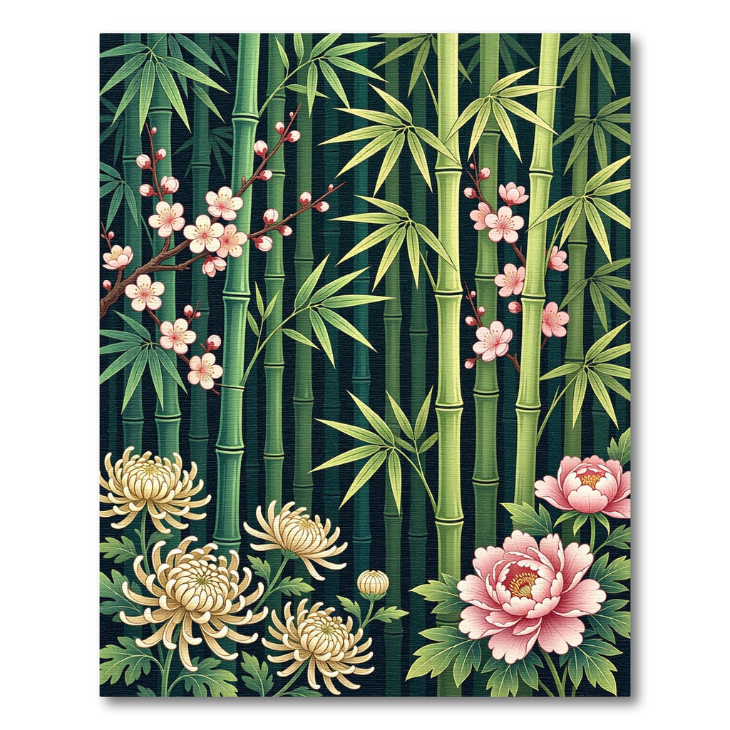 Serene Bamboo Pink Blossom Chrysanthemum Rug