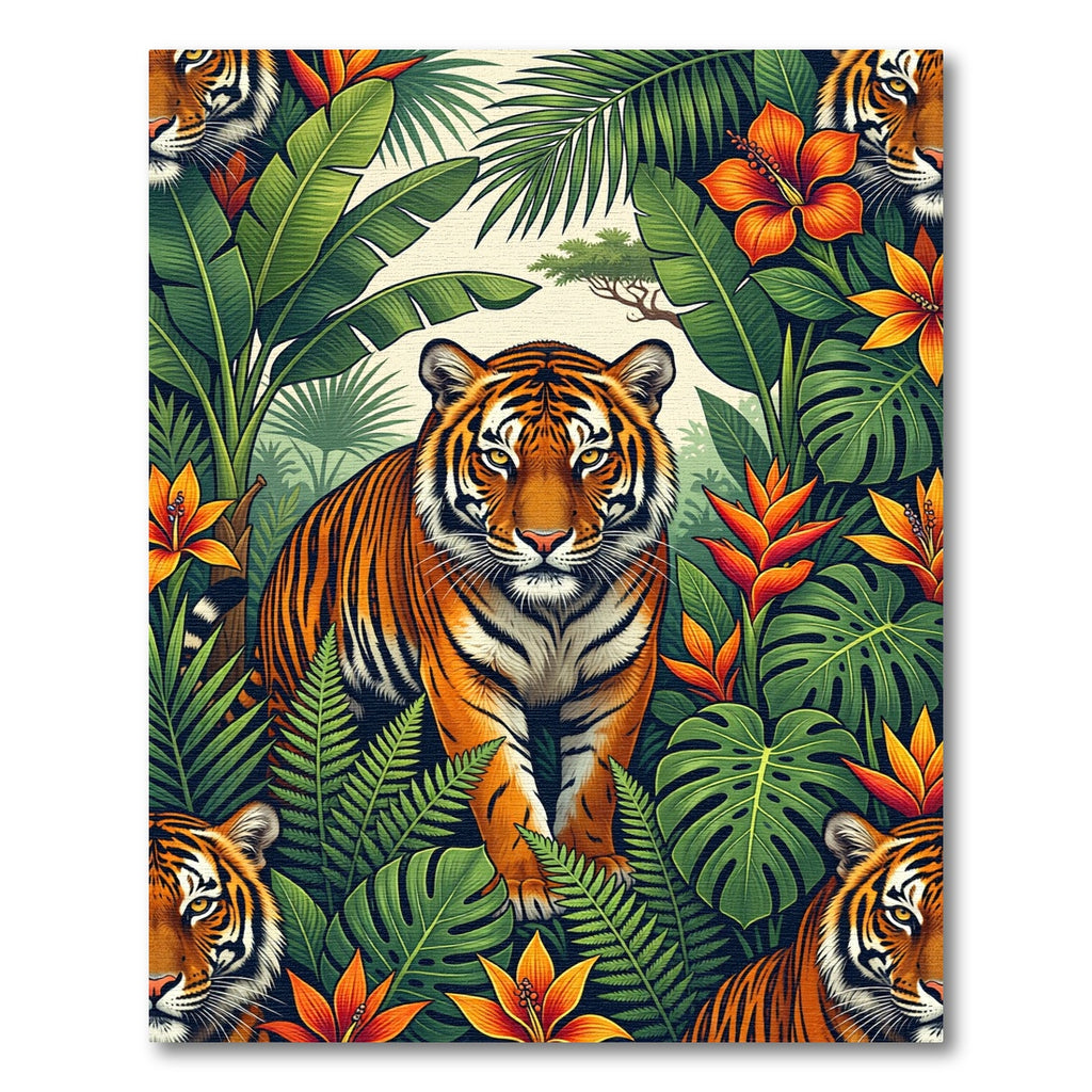Vibrant Tropical Tiger Jungle Foliage Rug
