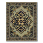 Olive Green Floral Medallion Border Rug