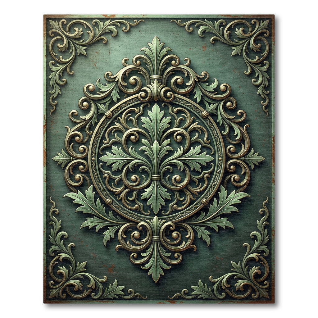 Ornate Sage Green Damask Medallion Rug