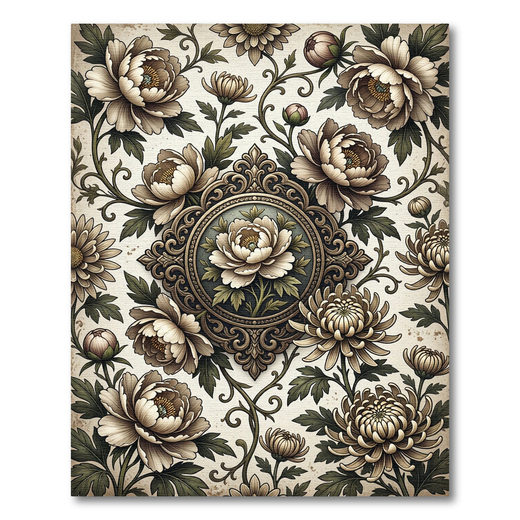 Vintage Cream Peony Floral Medallion Rug