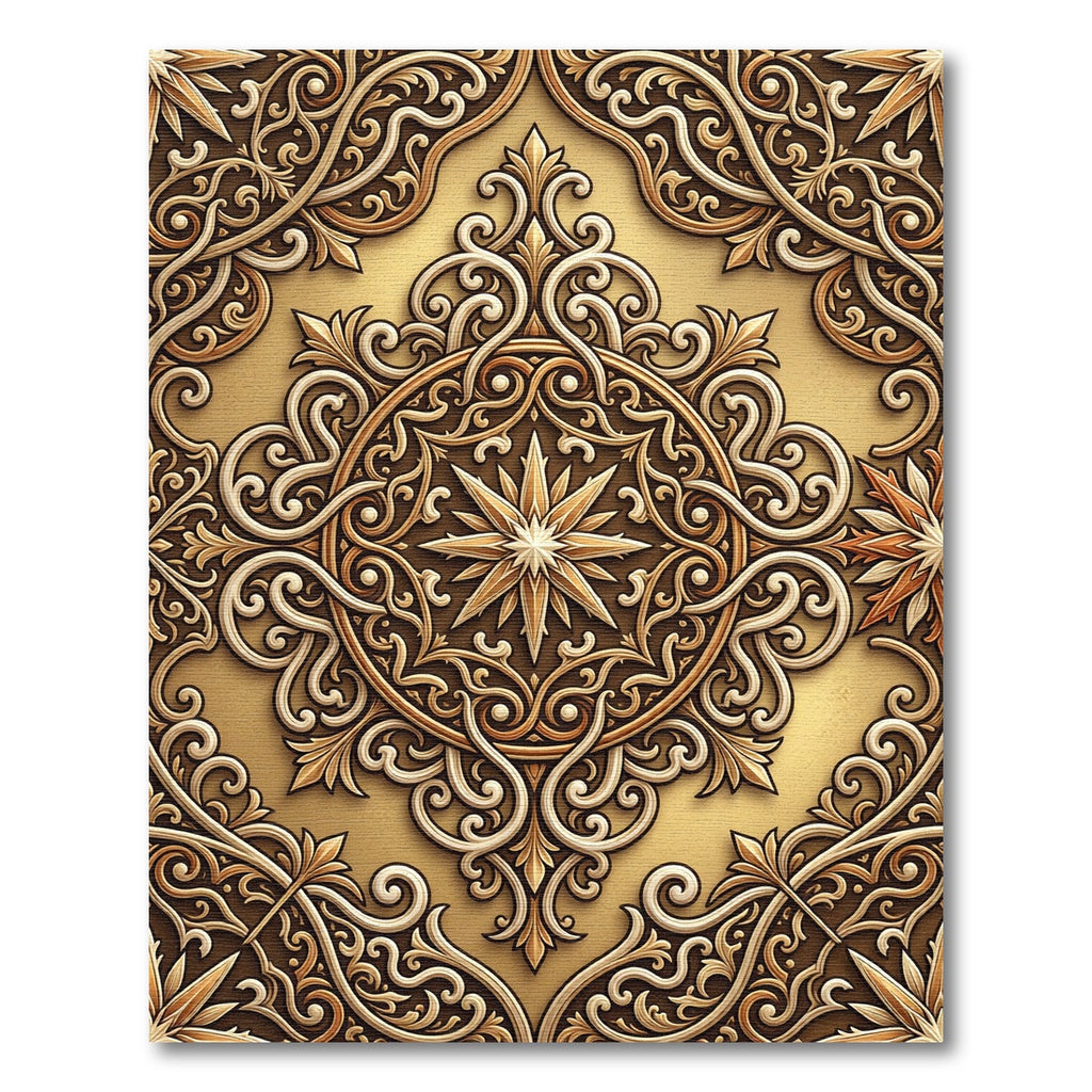 Intricate Golden Scrollwork Starburst Rug