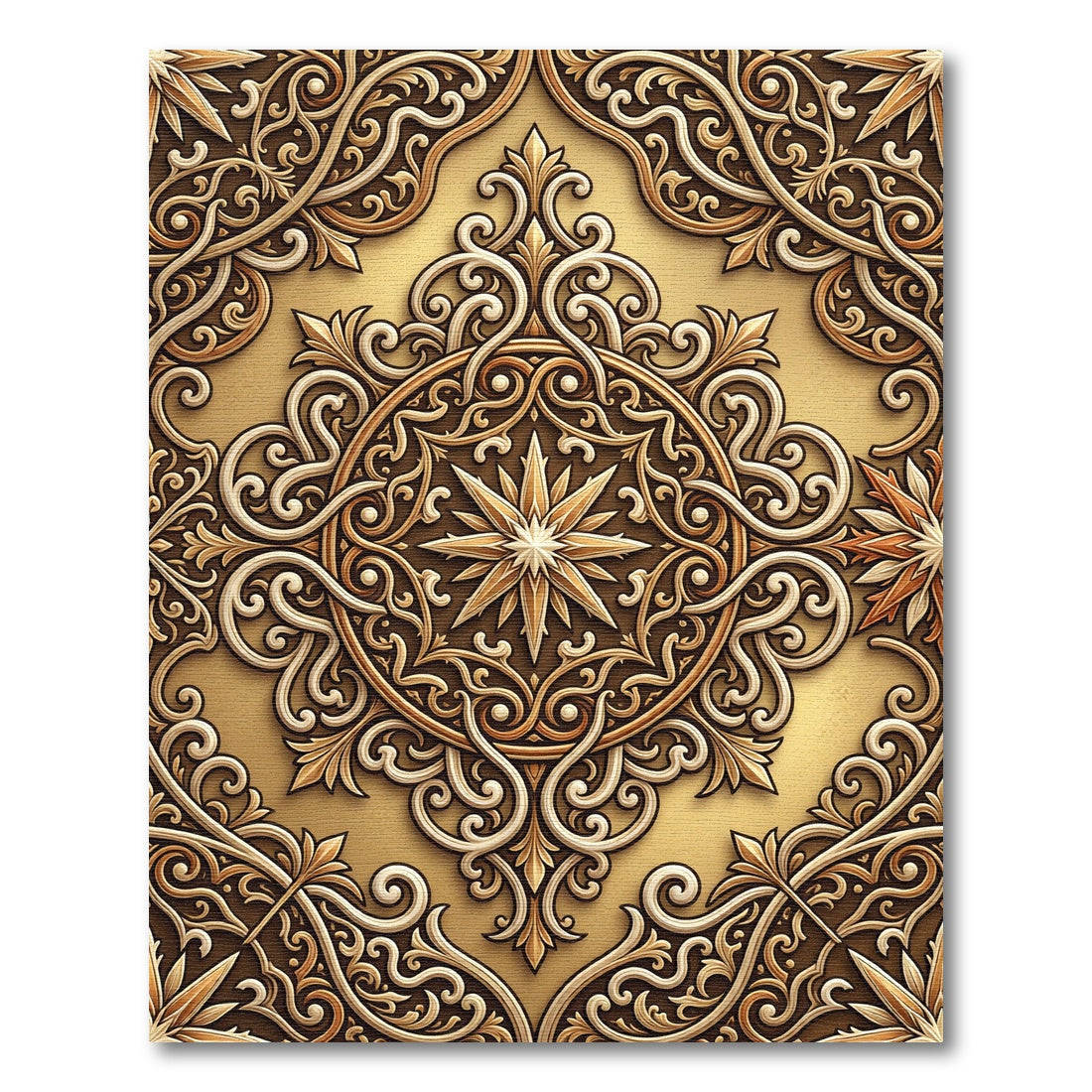 Intricate Golden Scrollwork Starburst Rug