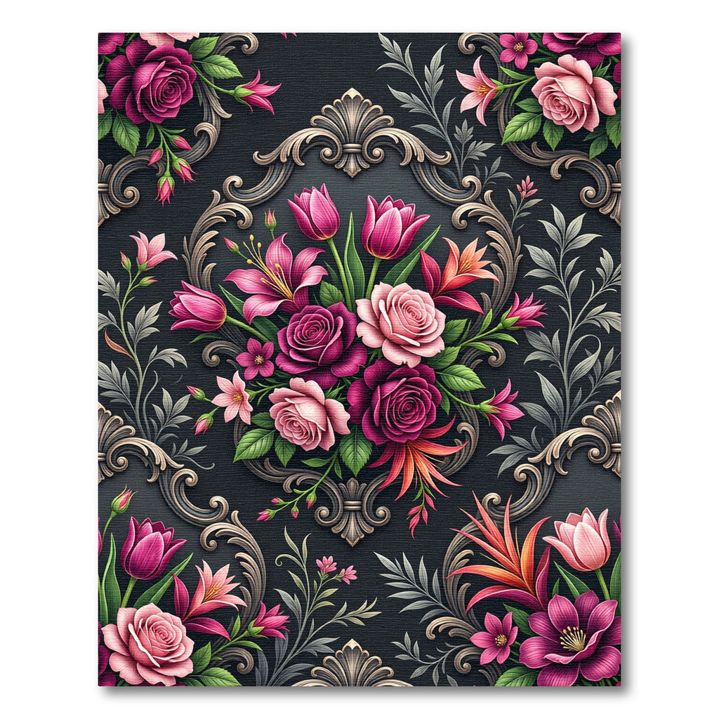 Dark Baroque Rose and Tulip Bouquet Rug