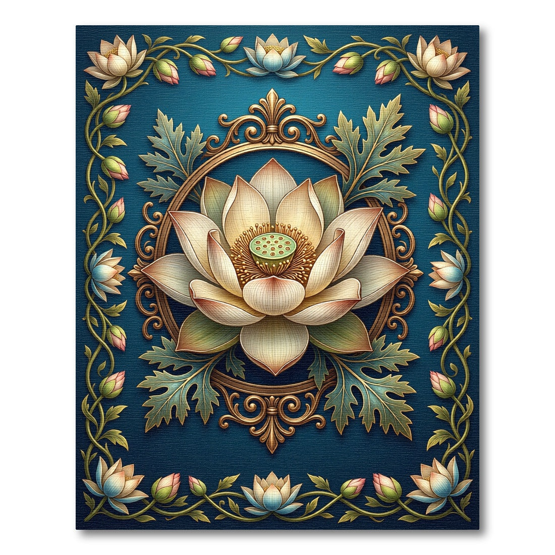 Elegant Golden Lotus Teal Frame Rug