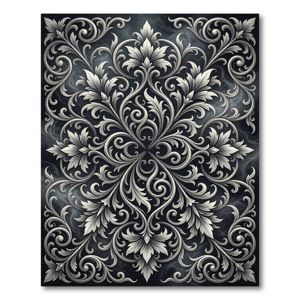 Ornate Ivory Floral Scrollwork Art Rug
