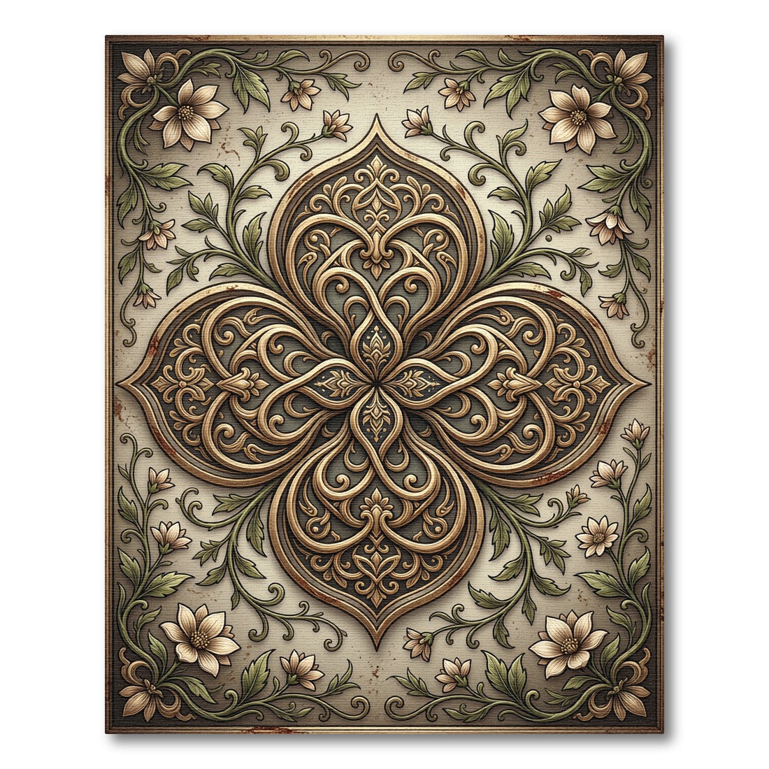 Ornate Golden Floral Vine Medallion Rug