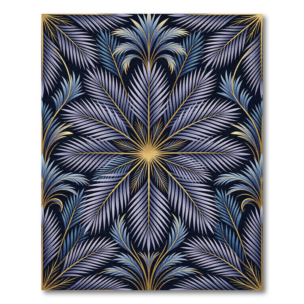 Art Deco Blue Leaf Golden Frame Rug