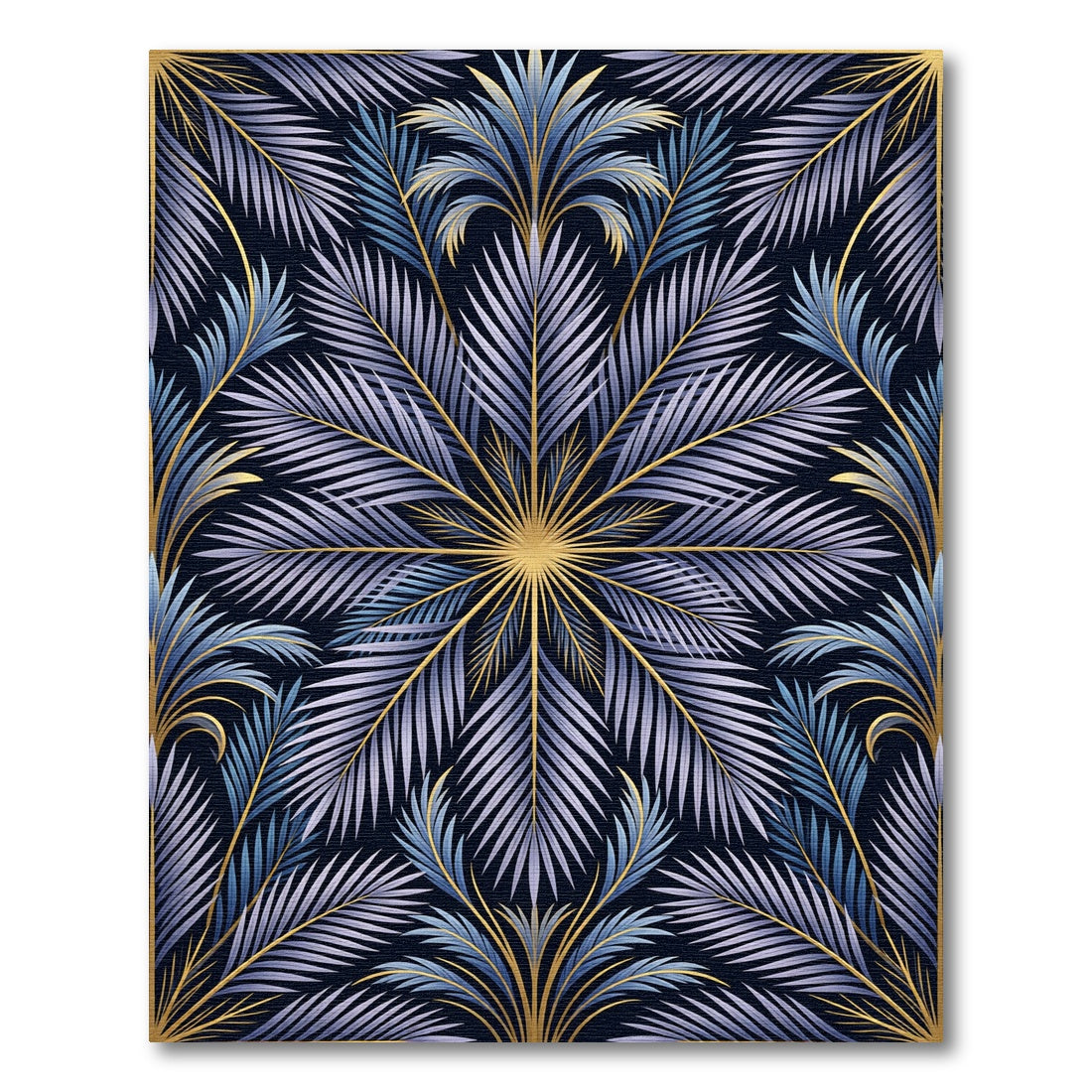 Art Deco Blue Leaf Golden Frame Rug