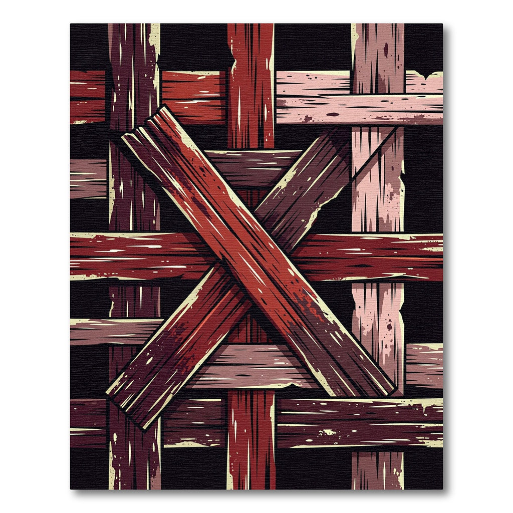 Rustic Crimson Interlocking Wood Plank Art Rug