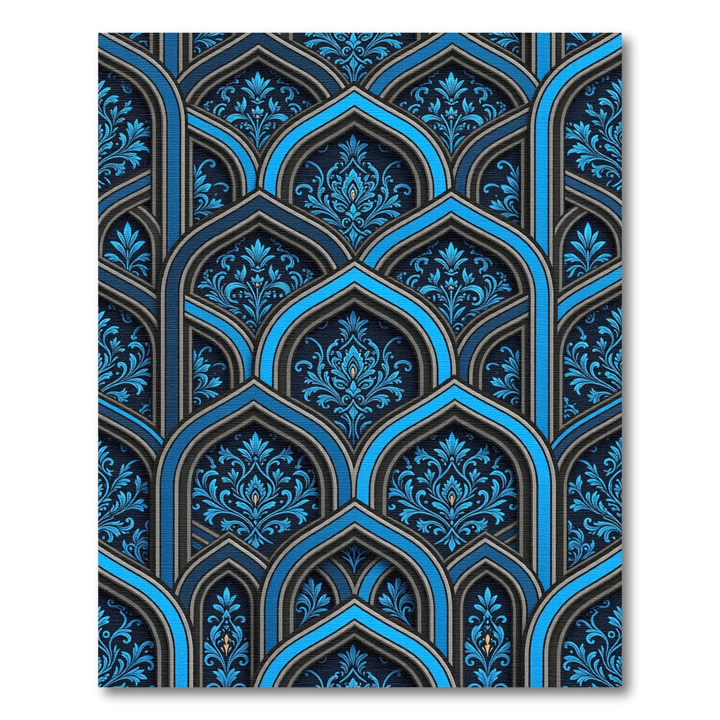 Ornate Cobalt Blue Damask Archway Rug