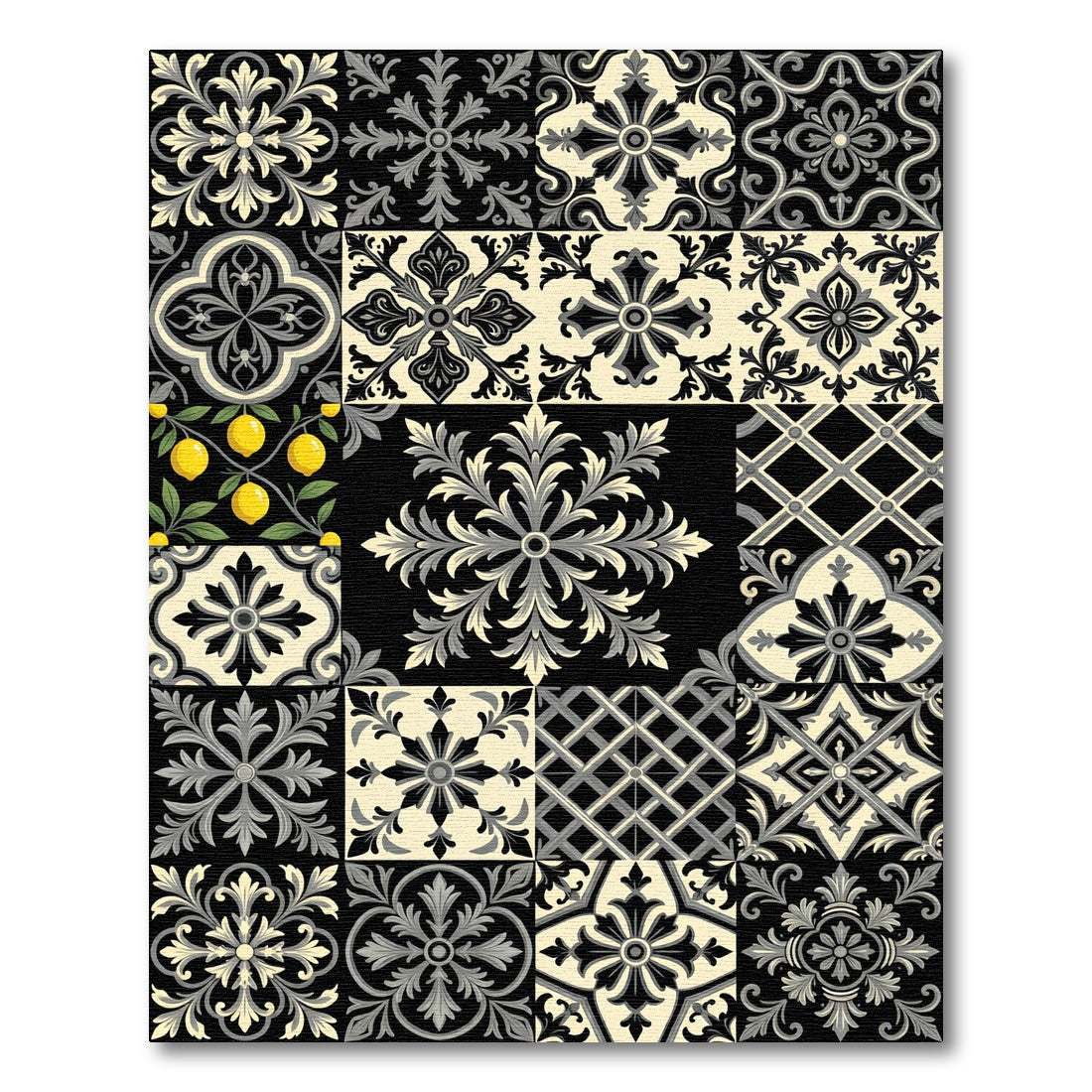 Black Gray Cream Medallion Tile Collage Rug