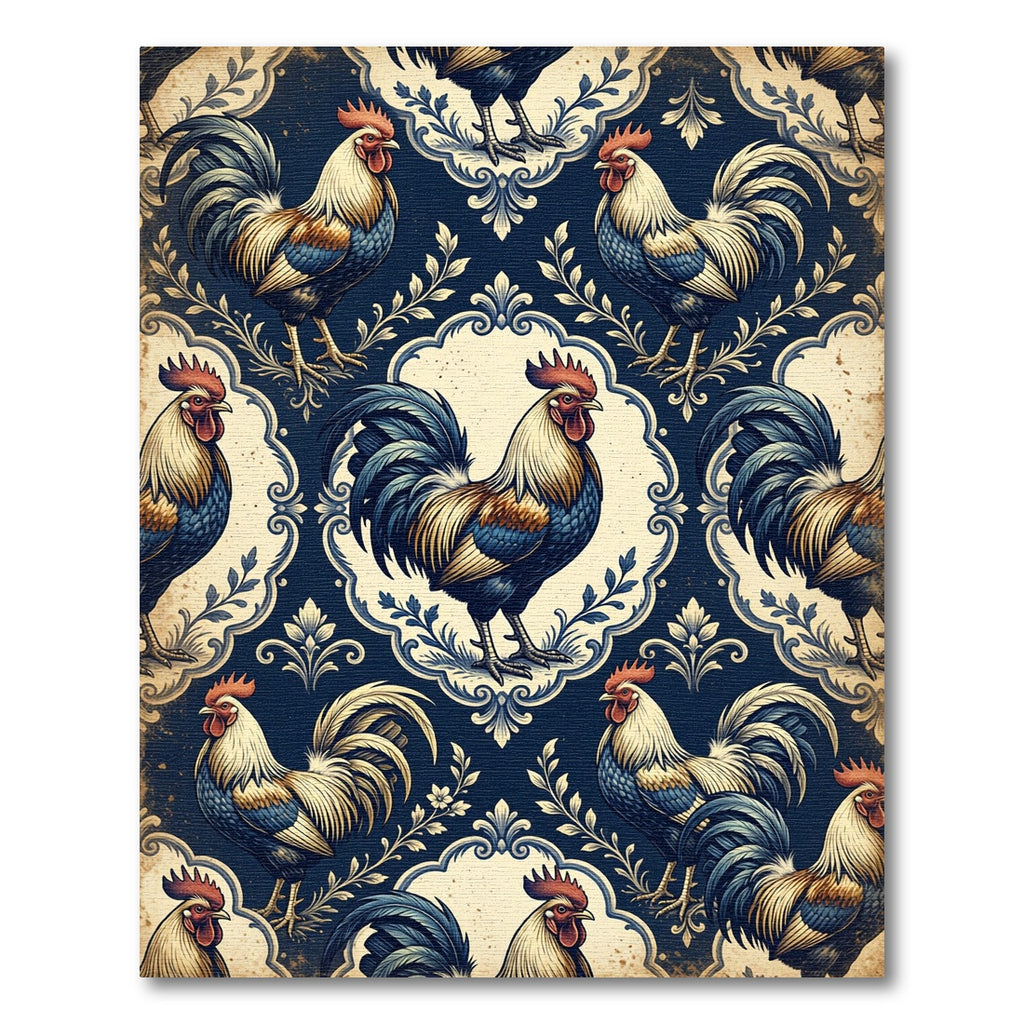 Vintage Navy Rooster Damask Illustration Rug