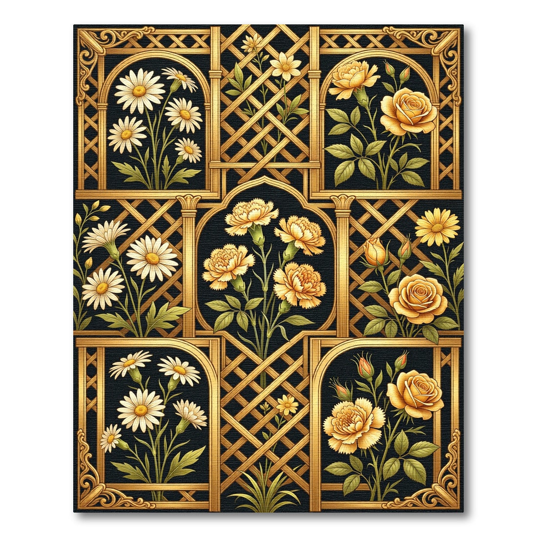 Golden Floral Lattice Garden Art Rug