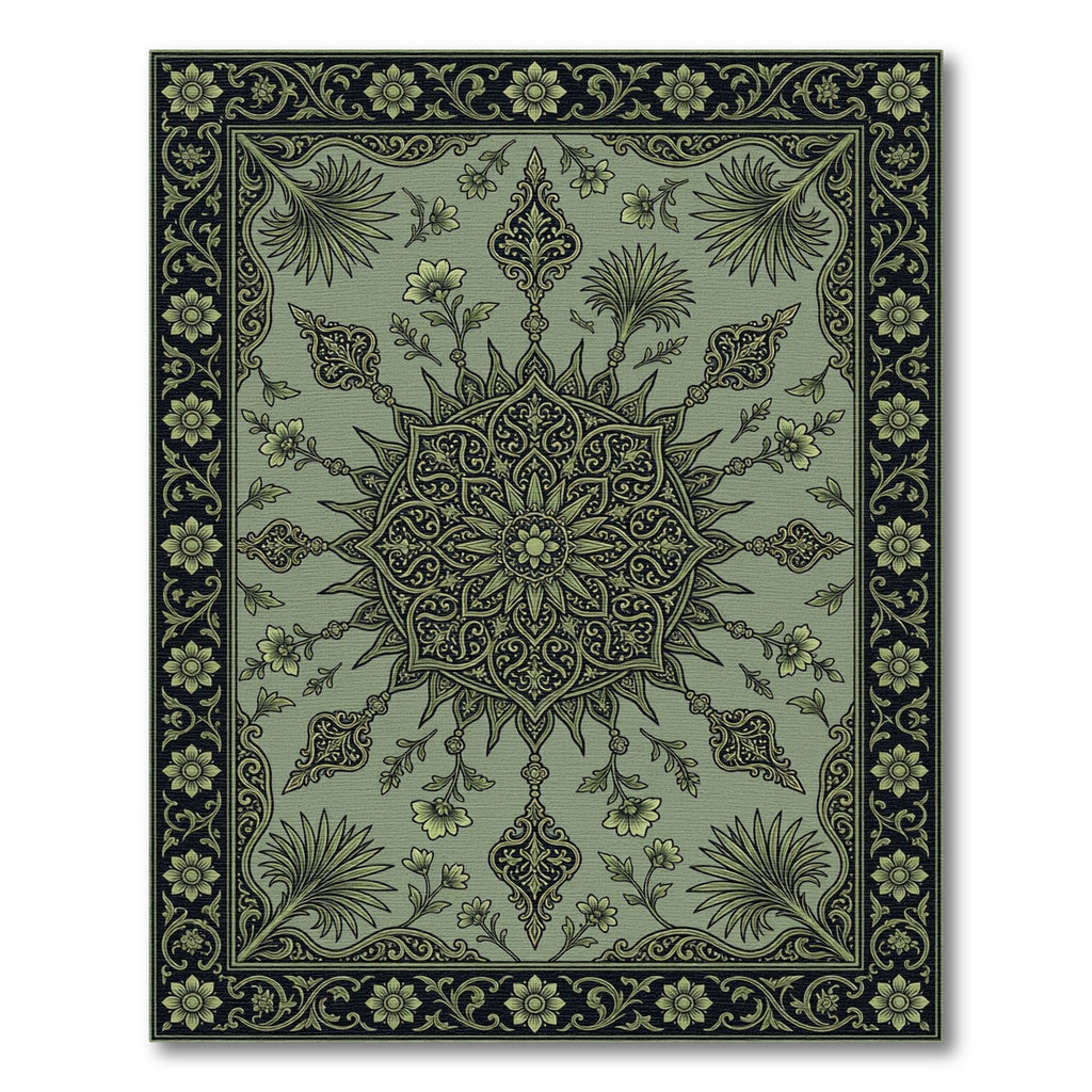 Sage Green Floral Medallion Border Rug