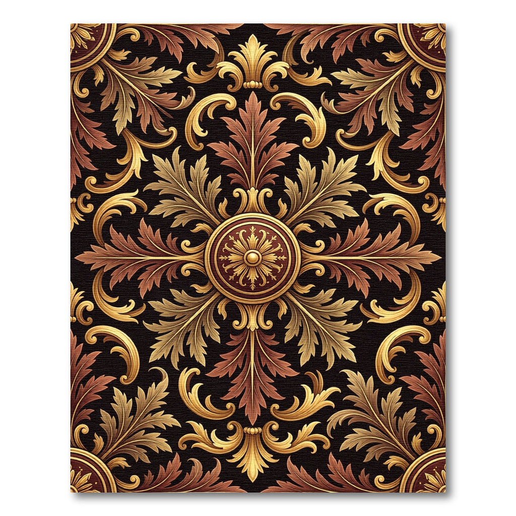 Ornate Gold Crimson Damask Rug