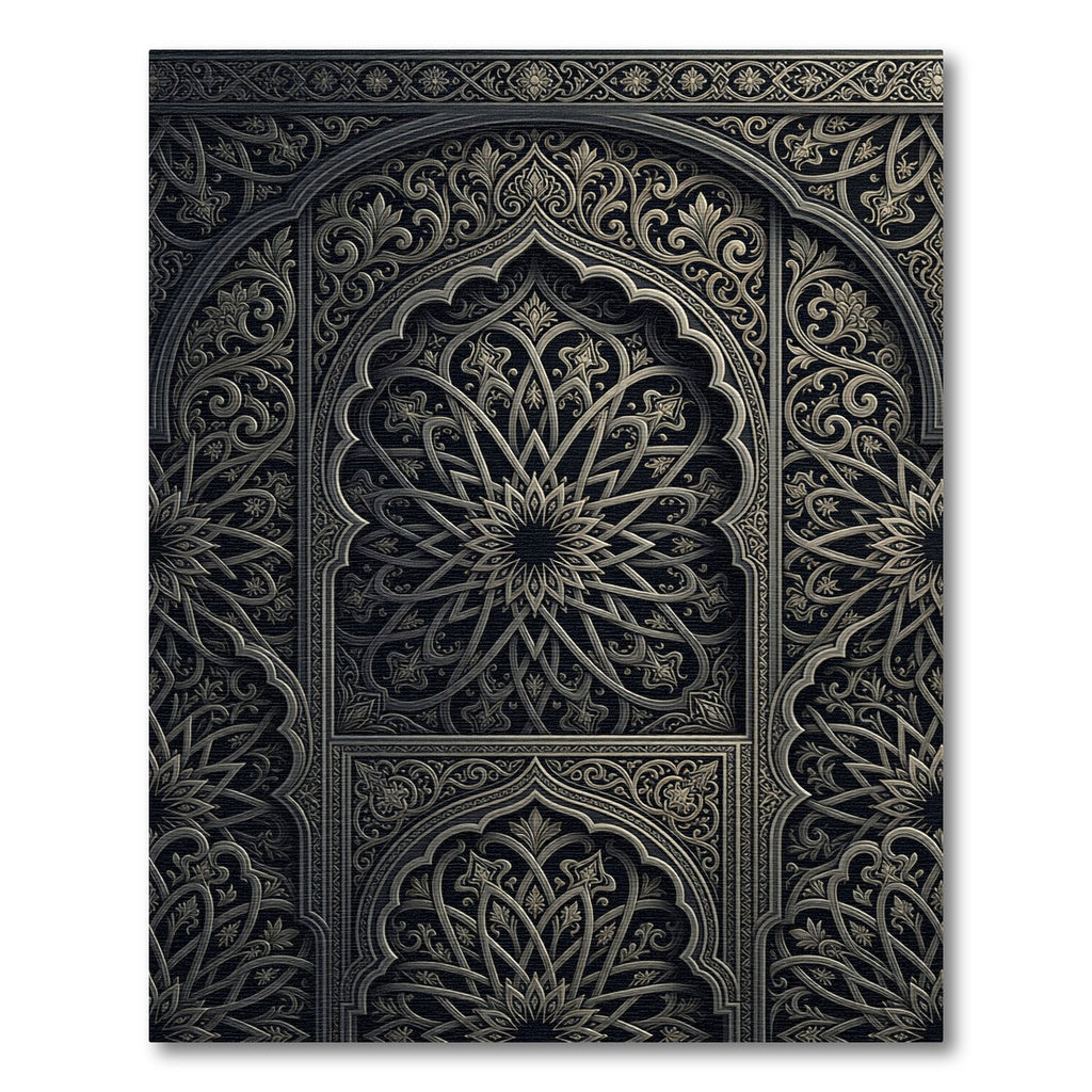 Intricate Charcoal Metallic Medallion Arched Art Rug