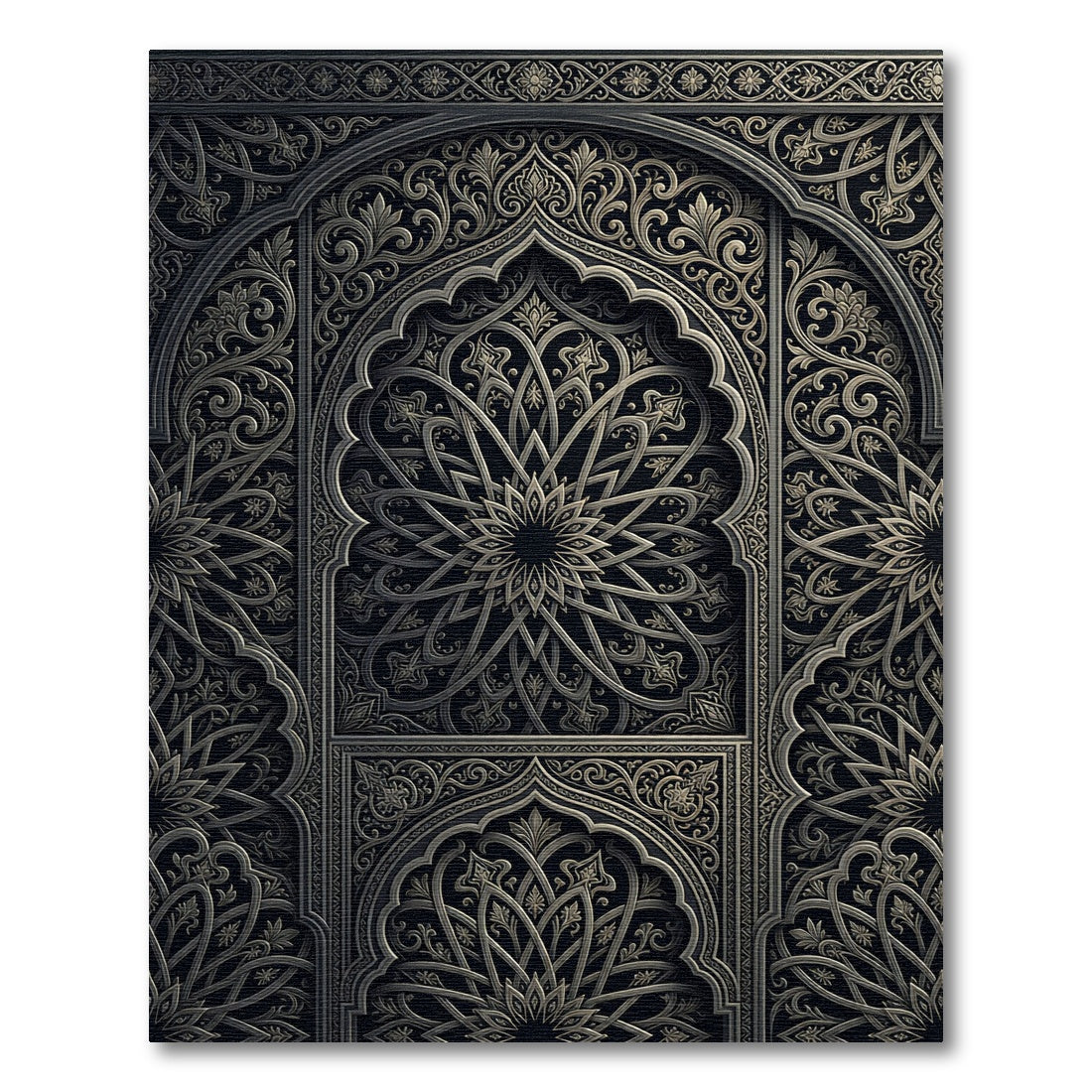 Intricate Charcoal Metallic Medallion Arched Art Rug