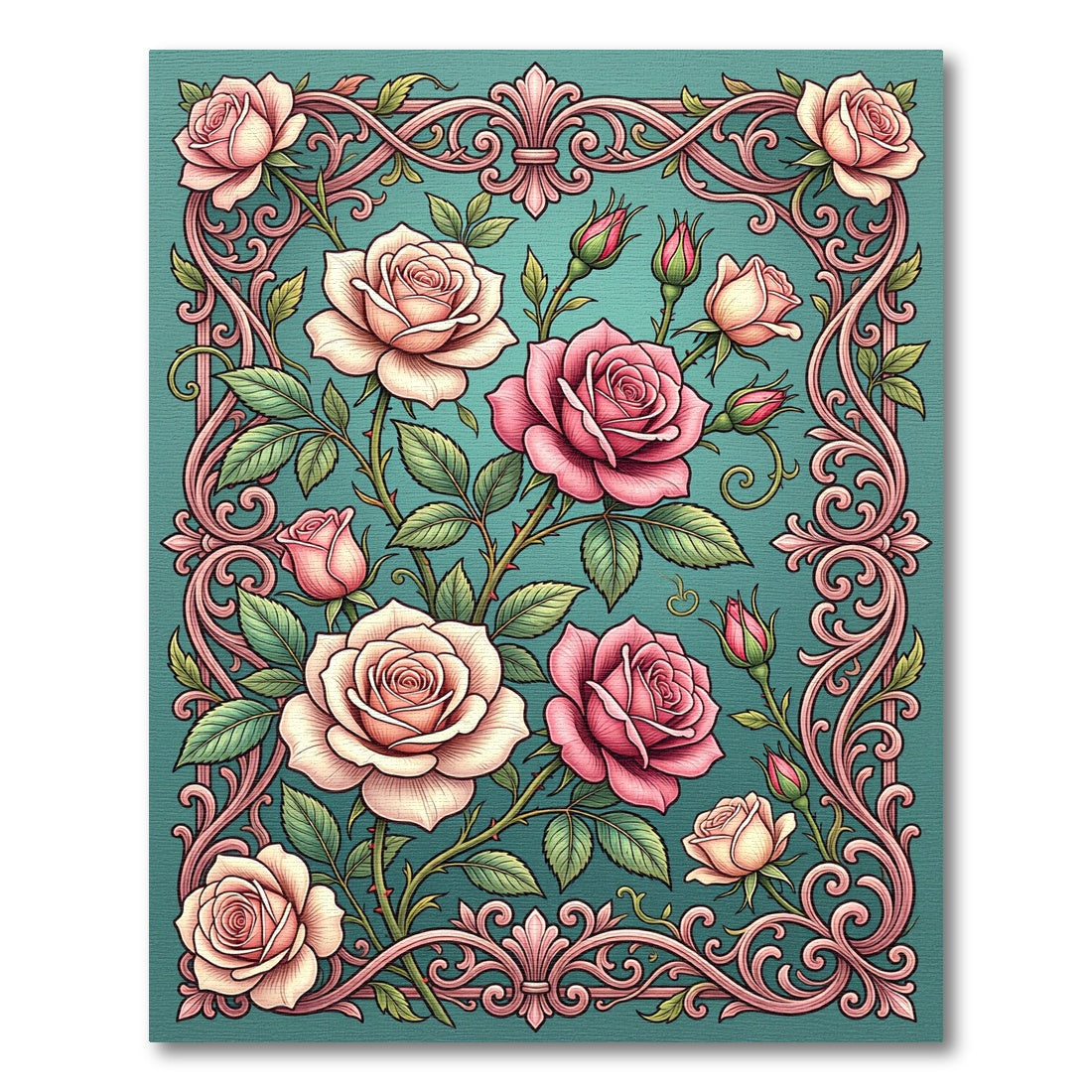Elegant Pink Rose Scrollwork Botanical Rug